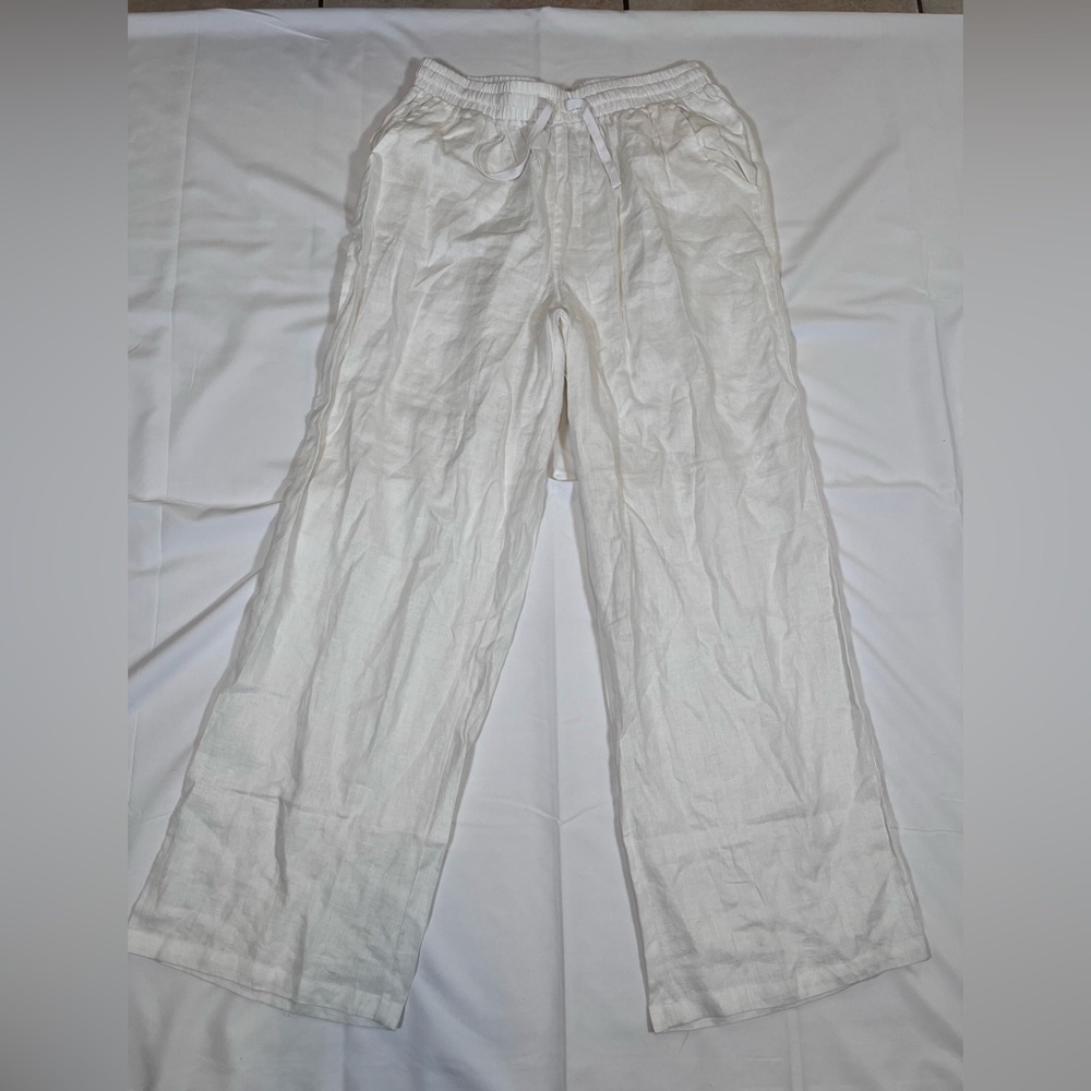 Feel Good Store Women’s L White Linen Wide Leg‎ Pants Loose Fit Casual